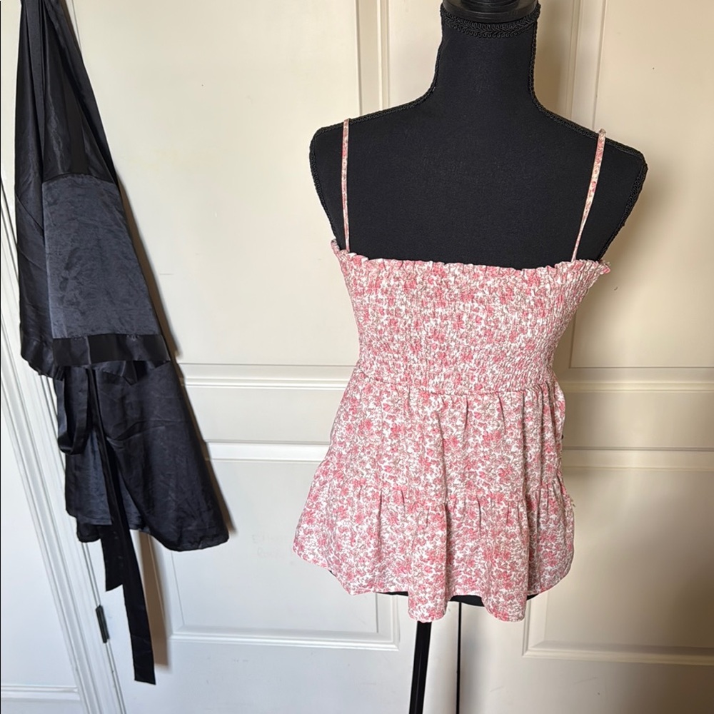 Pink and White Smocked Camisole with Tie Front